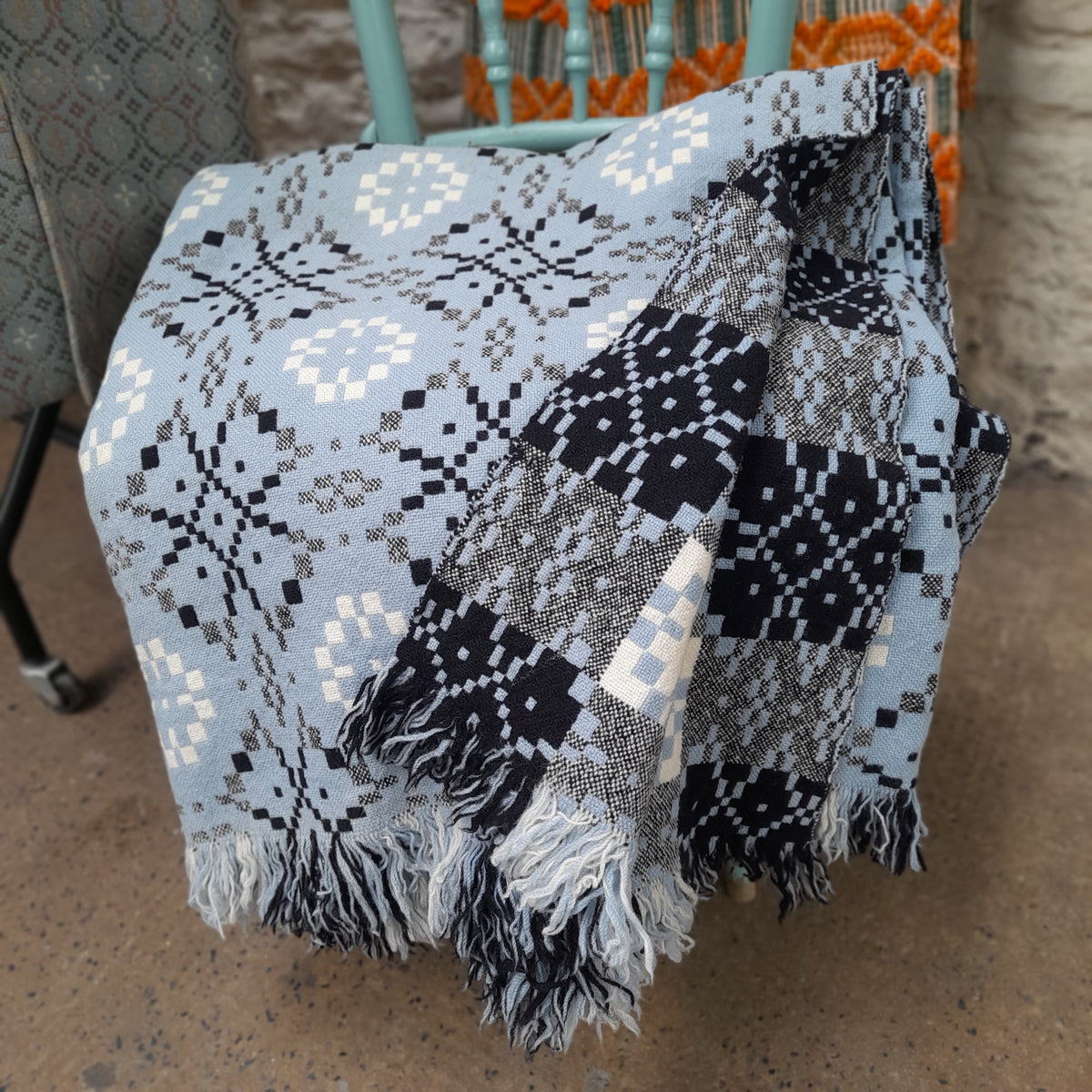 Rare Vintage Welsh Tapestry Blanket in Wedgwood Blue, White & Black King Size