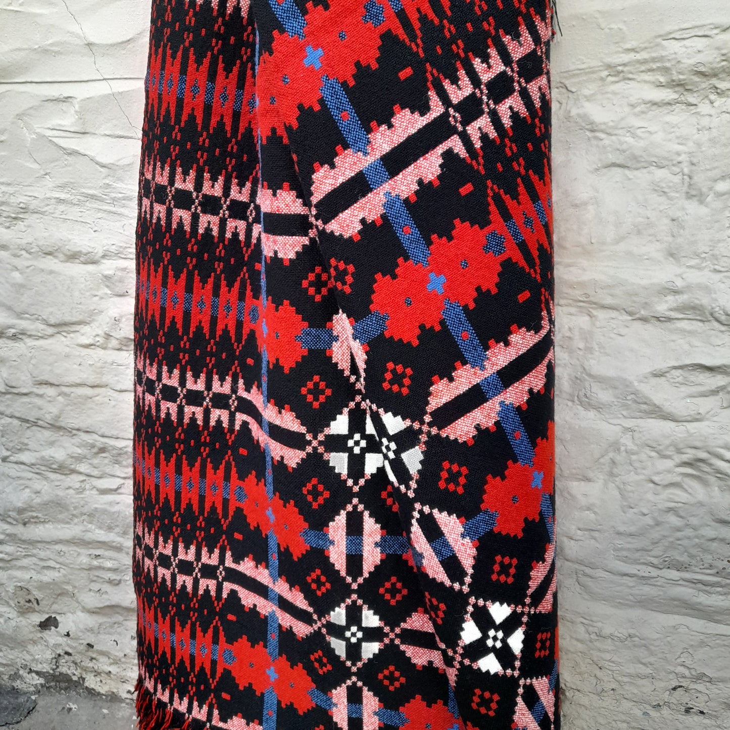 Vintage Welsh Tapestry Blanket in Red, Black & White With a Pop of Blue by Brynkir Woollen Mill