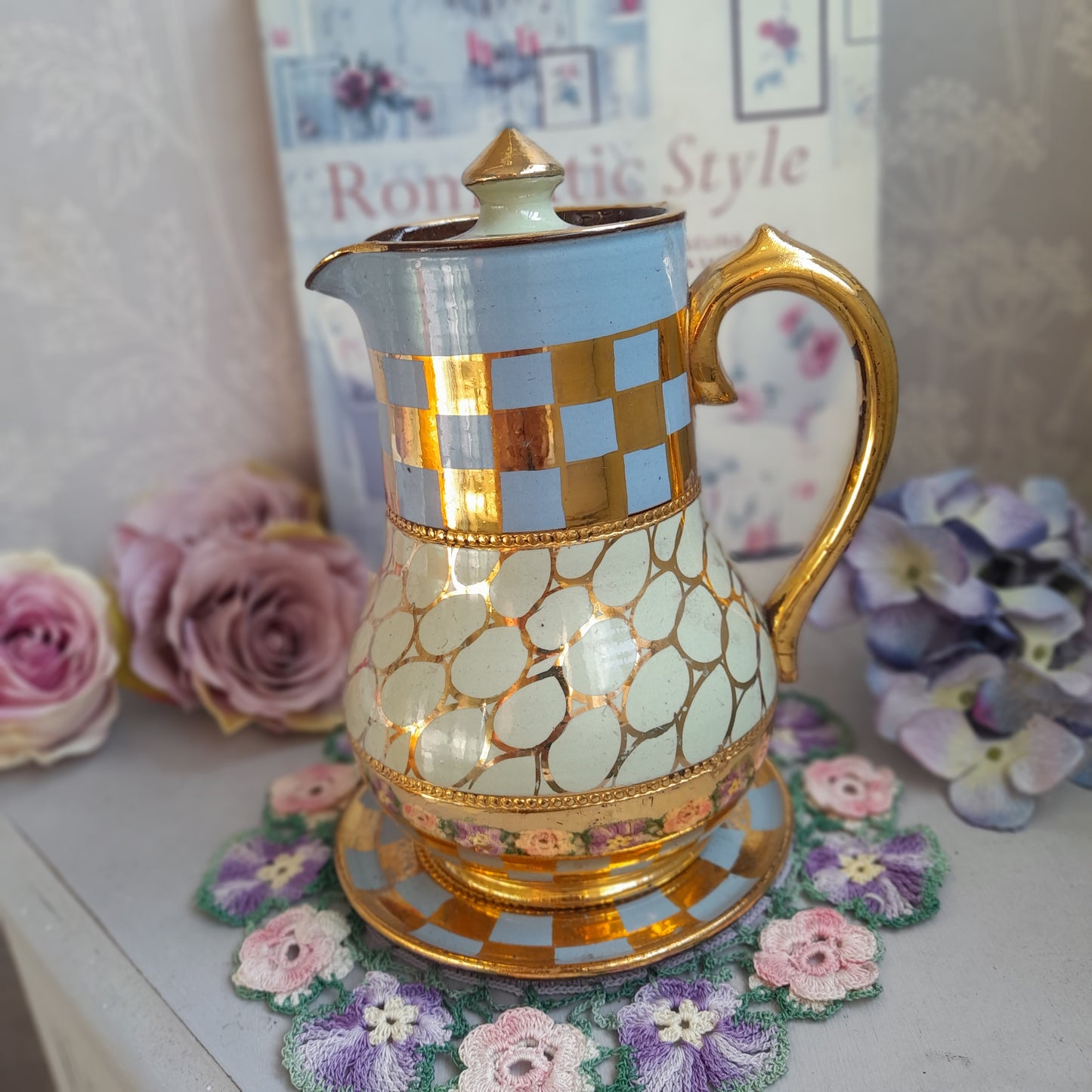 Vintage Sadler England Coffee Pot, Blue & Mint Green Checkerboard, Gold Gilt 1563