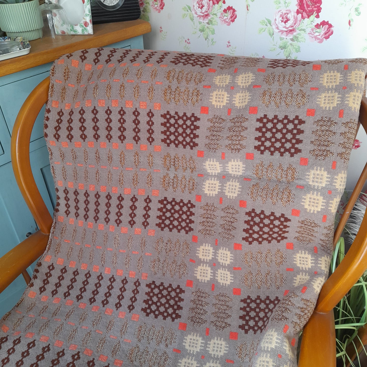 Antique Welsh Blanket in Latte Brown Orange & Cream