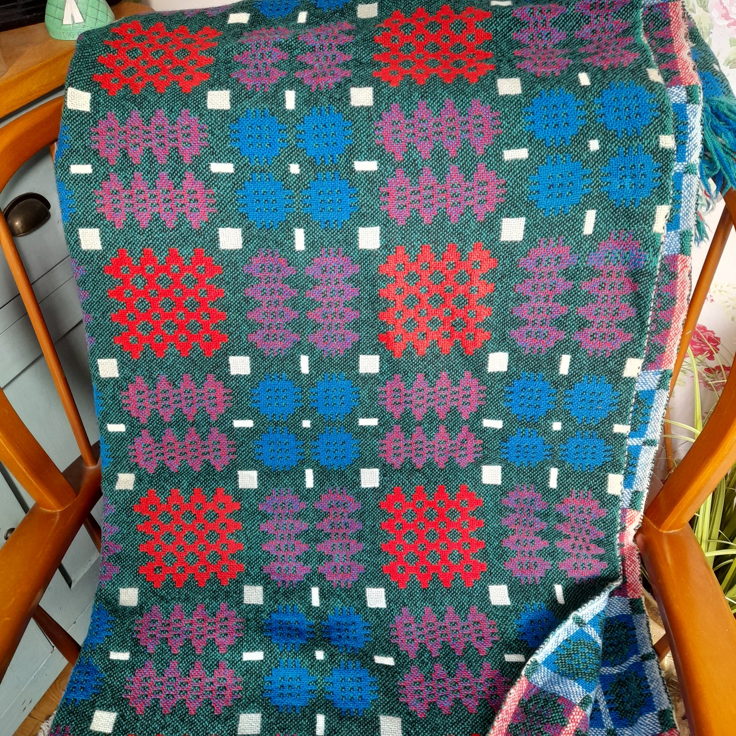 Vintage Welsh Tapestry Blanket in Teal Green, Cobalt Blue, Scarlet Red & White