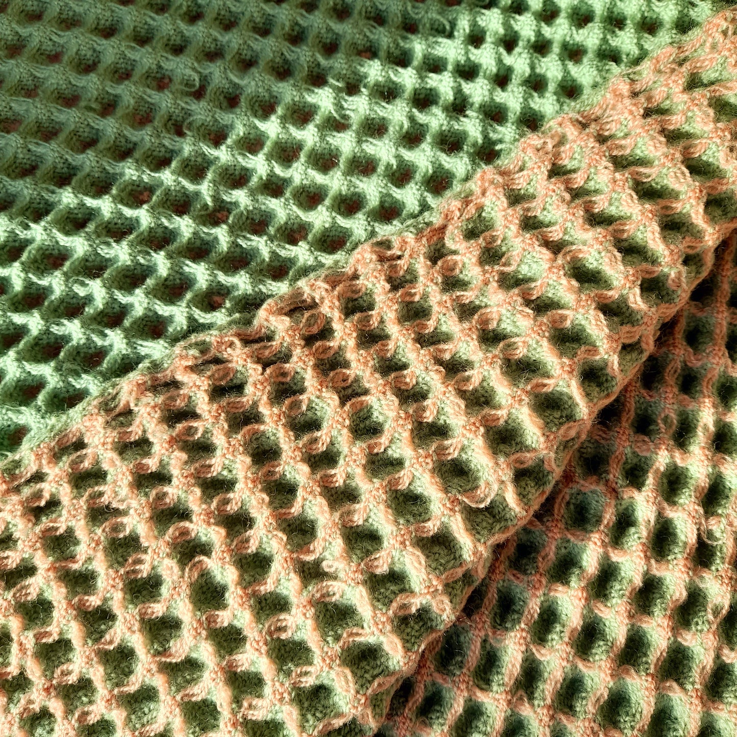 Vintage Welsh Wool Waffle Honeycomb Blanket in Reversible Green & Pink