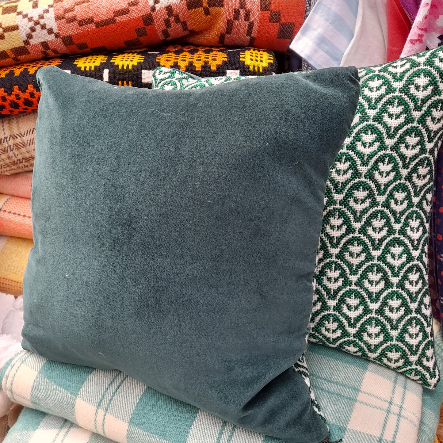PAIR of Cushions in Emerald Green, Black & White Made From Vintage Welsh Tapestry 'Tulip' Fabric by Brynkir Woollen Mill 18"