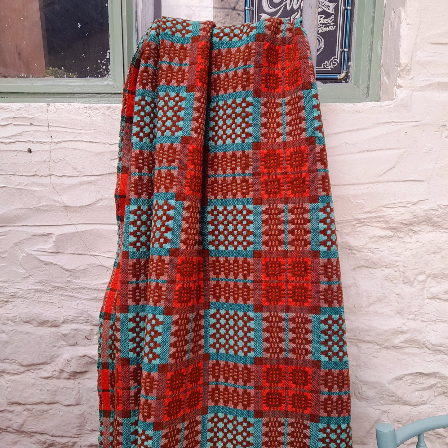 Early Antique Handmade Welsh Wool Tapestry Blanket in Teal Green, Orange Red & Terracotta