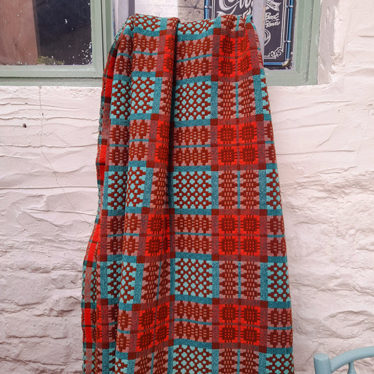 Early Antique Handmade Welsh Wool Tapestry Blanket in Teal Green, Orange Red & Terracotta