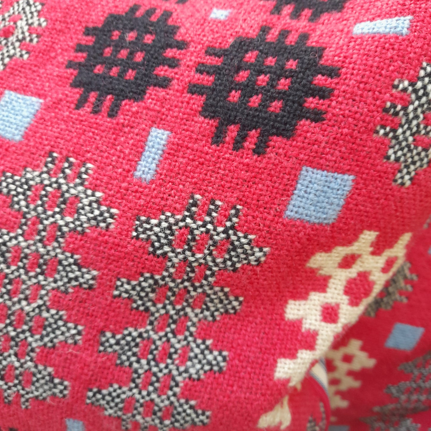 PAIR Handmade Welsh Blanket Cushions in Cerise Pink, Black & White With a Pop of Blue 18"
