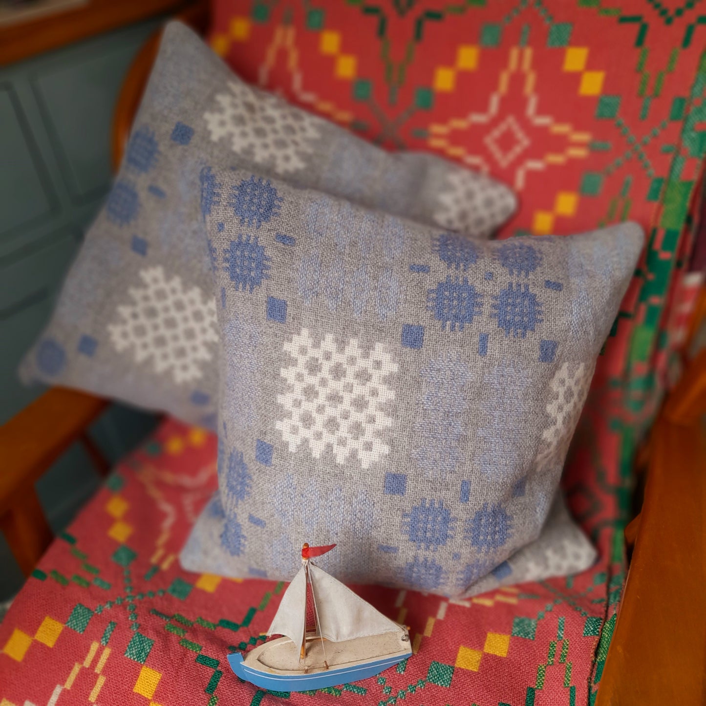 Pair of Welsh Tapestry Blanket Cushions in Pale Blue Grey & White Limited Edition 18"