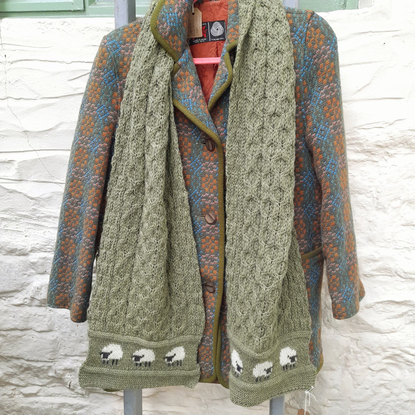Hand Knitted Welsh Wool SHEEP Scarf in Khaki Green
