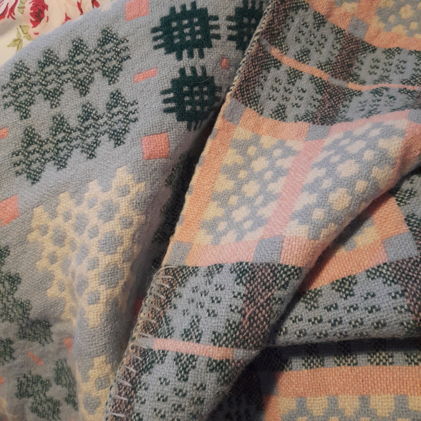Vintage Welsh Tapestry Blanket in Pale Blue Green White & a Pop of Pink King Size by Derw Mill