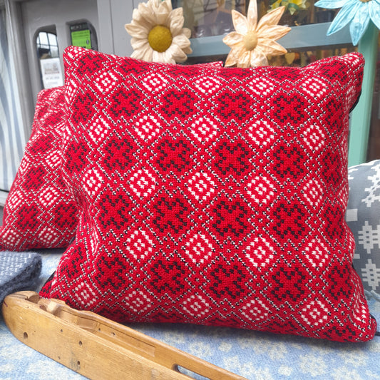 PAIR Handmade Welsh Tapestry Cushions in Red, Black & White 18"