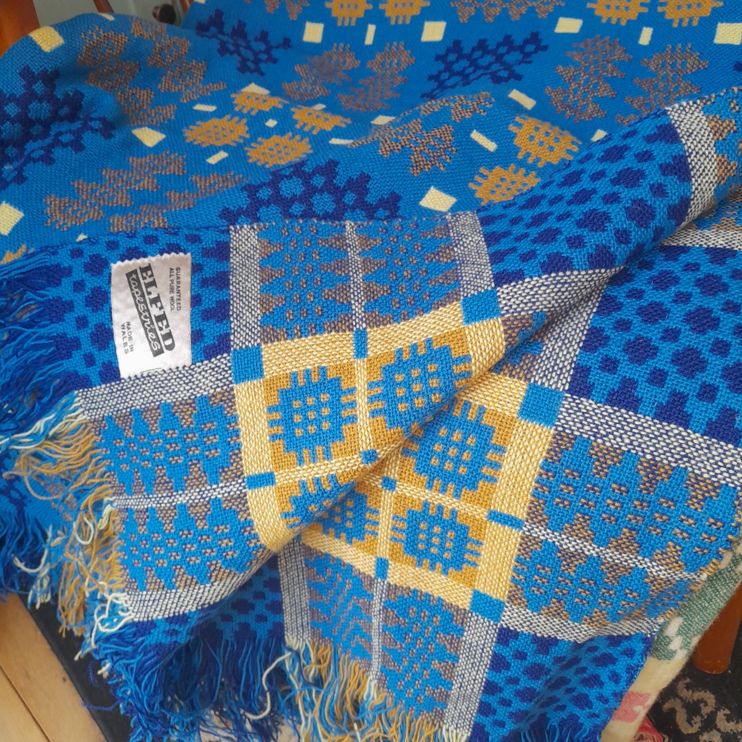 Vintage Welsh Tapestry Blanket in Bright Blue Mustard Navy & White King Size