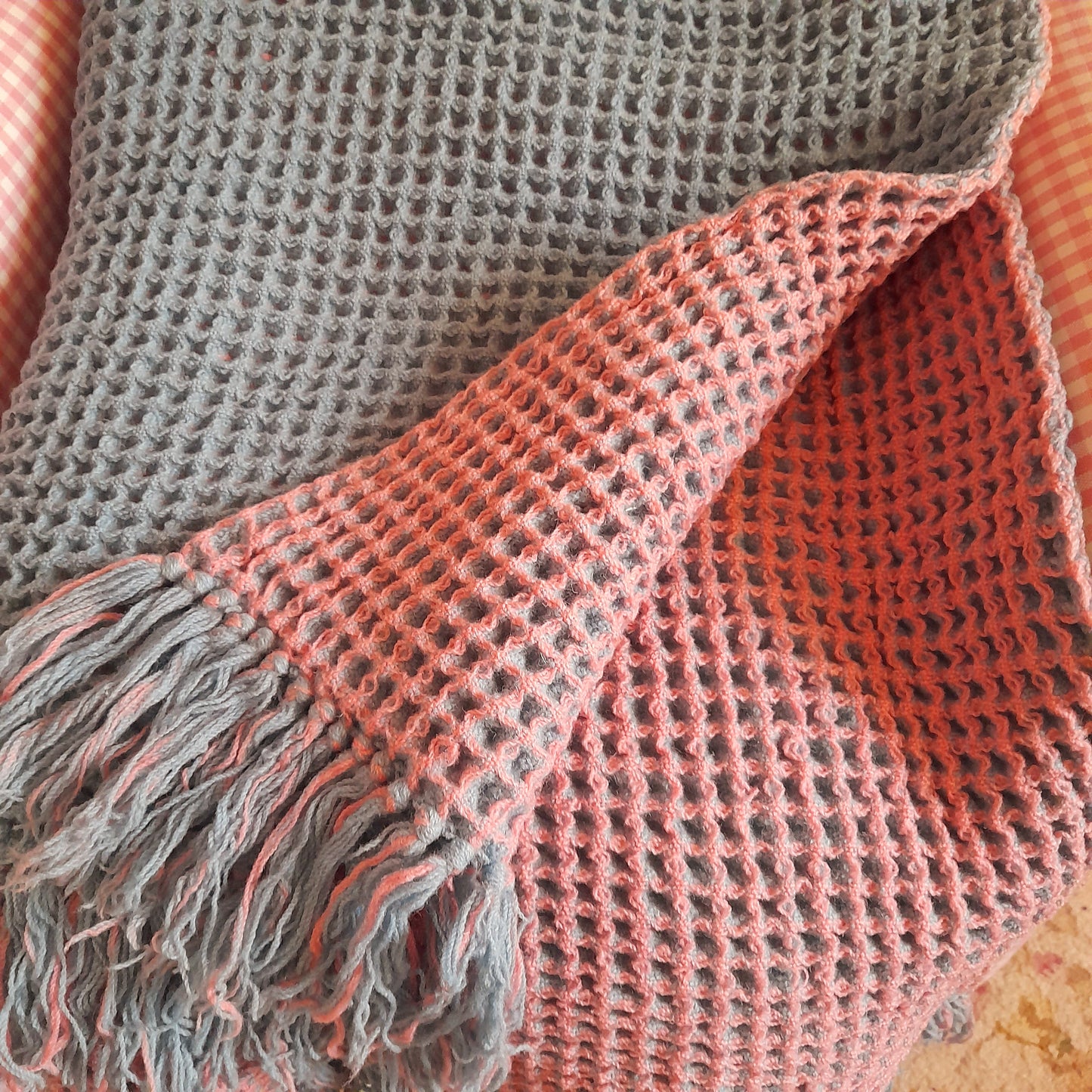 Vintage Welsh Wool Waffle Honeycomb Blanket in Pastel Pink & Blue Reversible