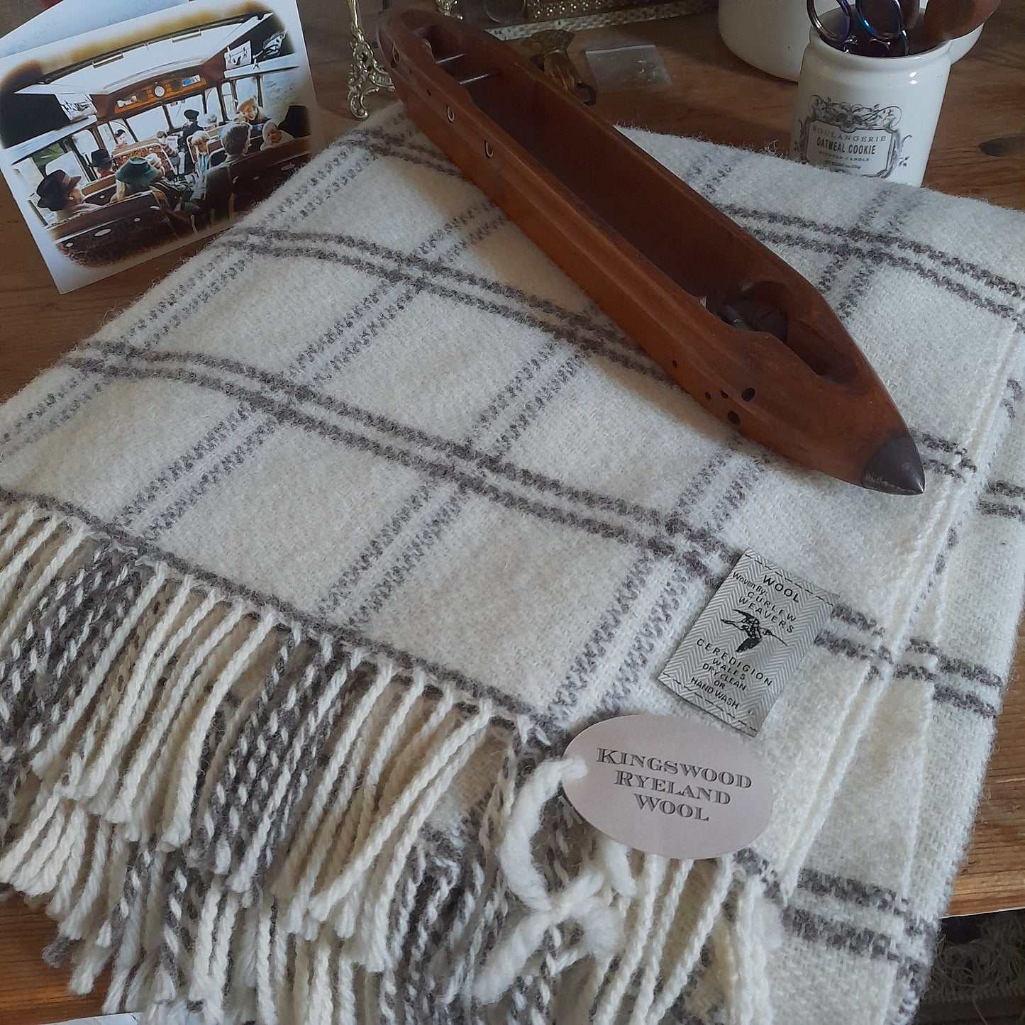 Handwoven Welsh Blanket in Natural Undyed Natural Wool in Cream & Brown by Curlew Weavers