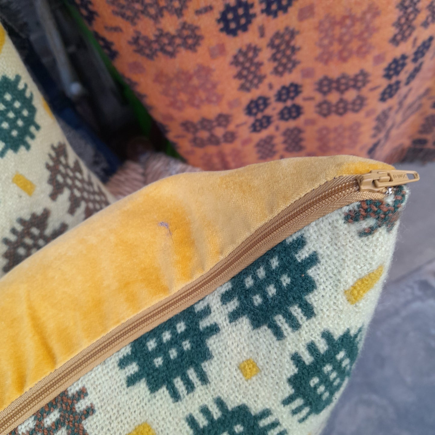 PAIR of Handmade Welsh Tapestry Blanket Cushions in Cream, Green & Mustard Yellow 18"