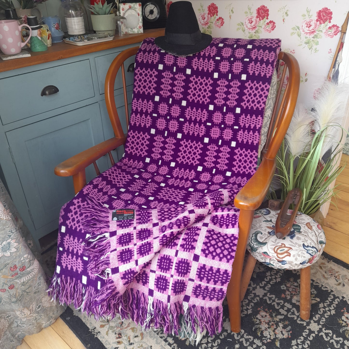 Welsh Blanket in Purple Lilac & White Original Label