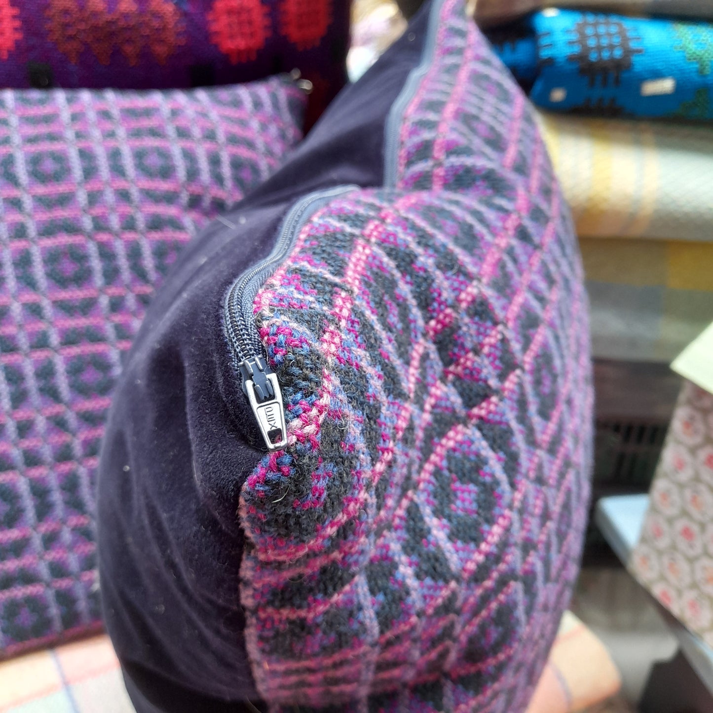 PAIR Handmade Cushions Made From Vintage Welsh Tapestry Fabric in Navy Blue, Black, Pink & Purple 18"