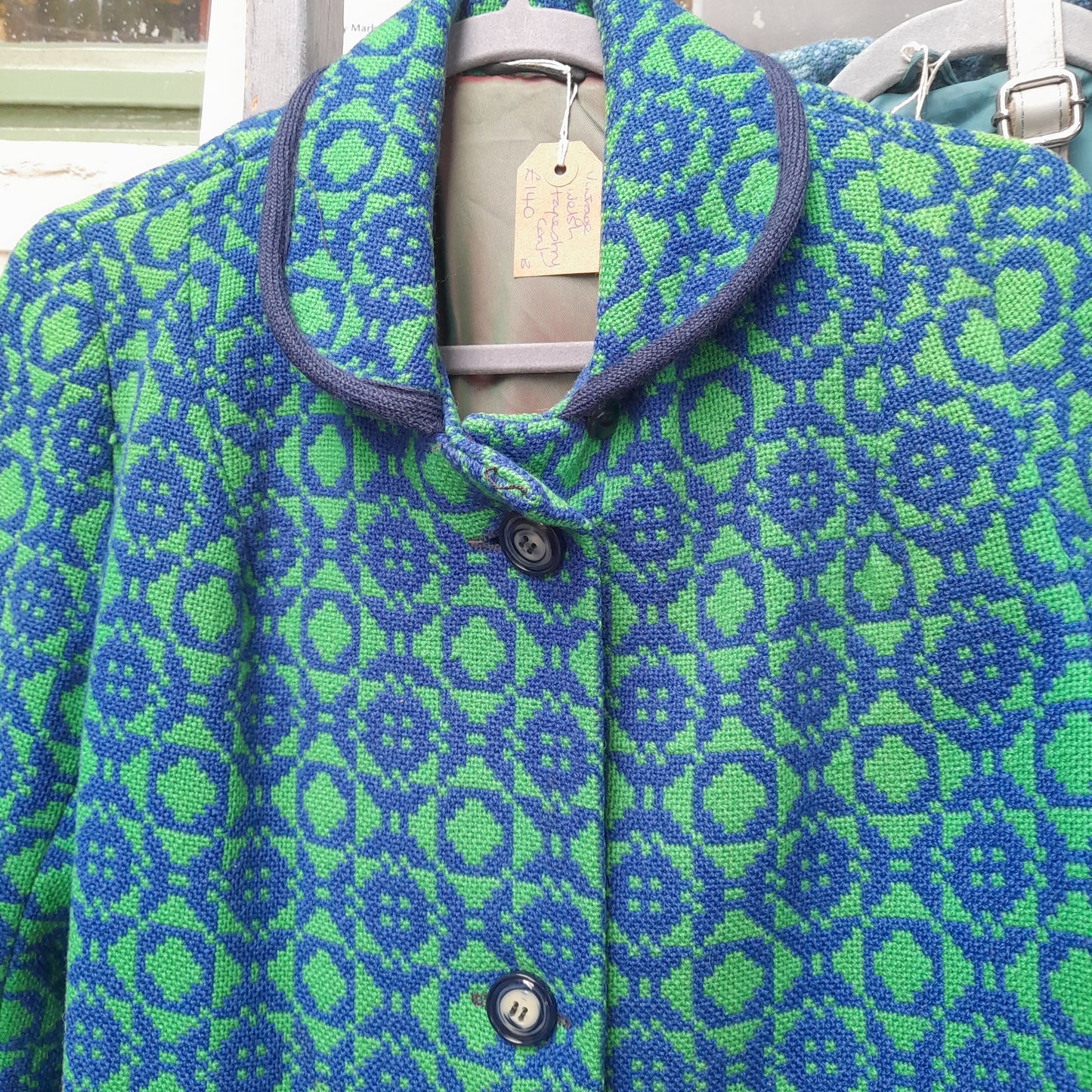 Vintage Welsh Tapestry Coat in Statement Emerald Green & Cobalt Blue 3/4 Length Size 16