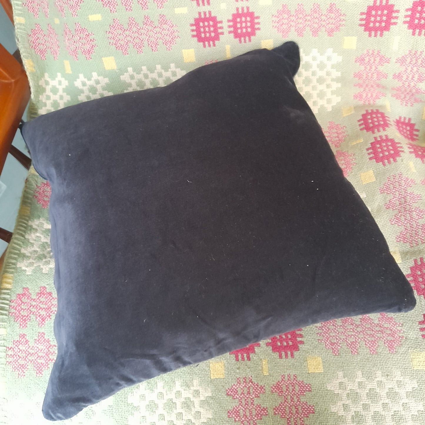 Handmade Cushion Made From Vintage Welsh Tapestry Woven Fabric in Navy & Grey 18"