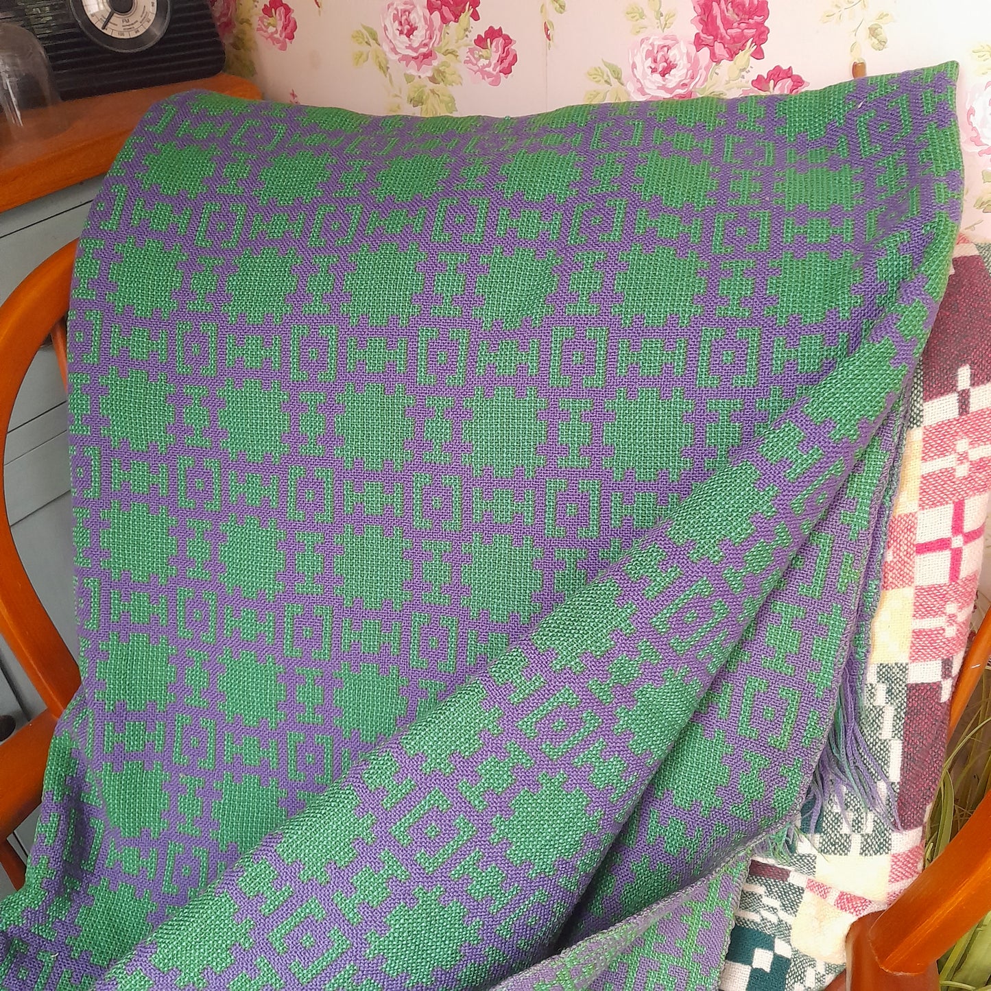 RARE Vintage Welsh Tapestry Blanket in Bright Green & Purple Woven by Arthur Morus Dolwerdd Mill