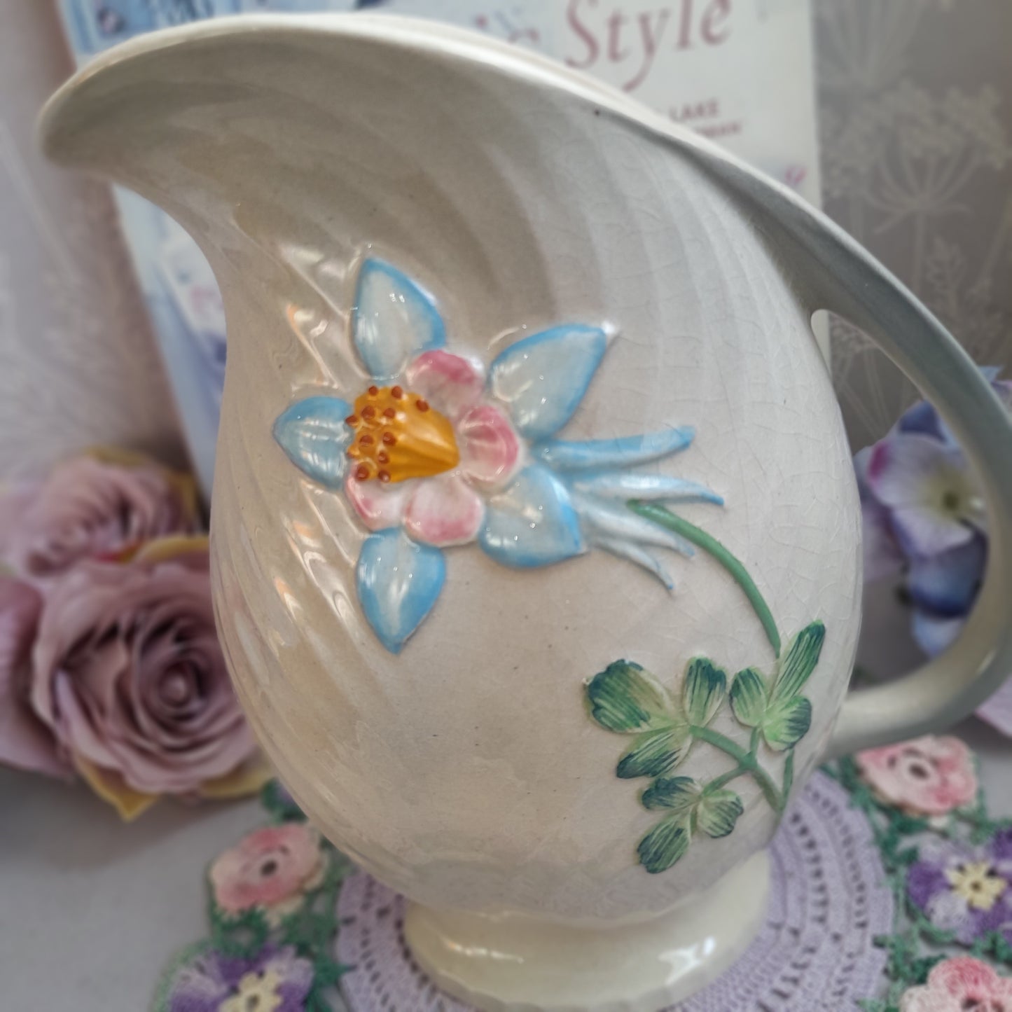 Vintage Grey Shorter & Son Art Deco Hand-Painted Floral Jug – Staffordshire Pottery, England (c. 1930s-1940s)