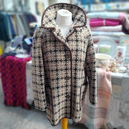 Vintage Welsh Tapestry Pea Coat in Brown & Cream Diamond Design Size 14/16