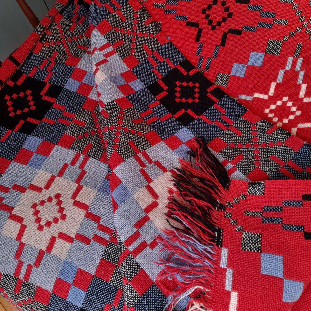 Vintage Welsh Tapestry Blanket in Raspberry Red, Black & White With A Pop of Sky Blue By Melin Tregwynt King Size