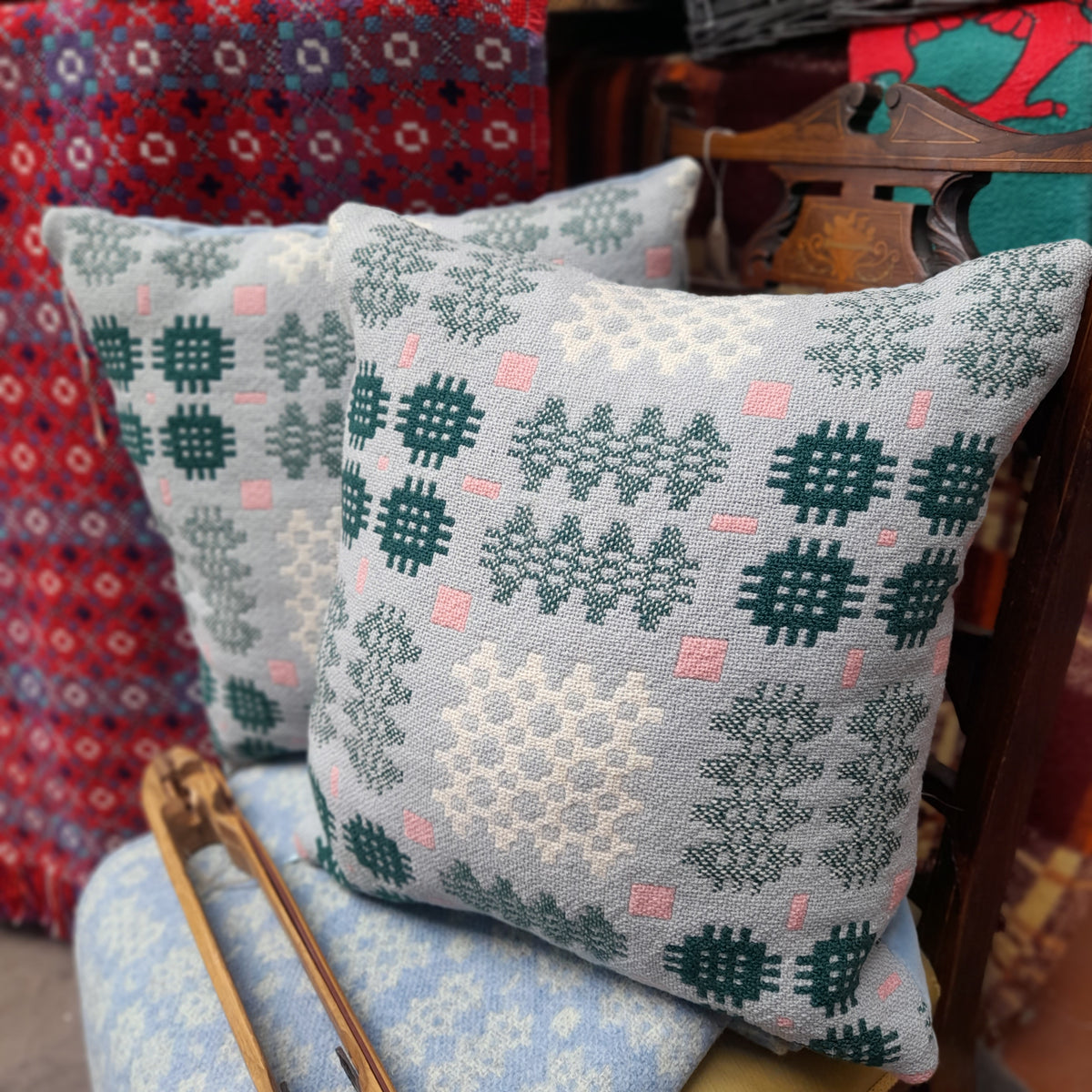 PAIR Of Handmade Welsh Tapestry Blanket Cushions in Pale Blue, Green, White & Pink 18"