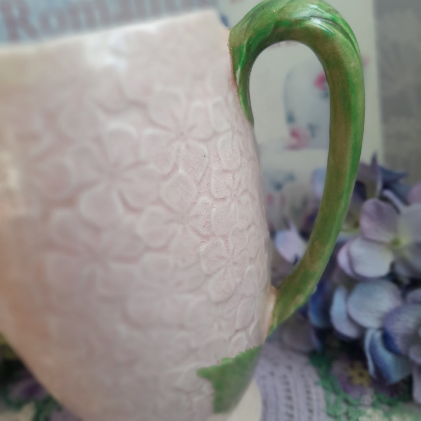 Art Deco Falcon Ware Pink Hydrangea Ceramic Jug Decorative Pitcher With Green Handle