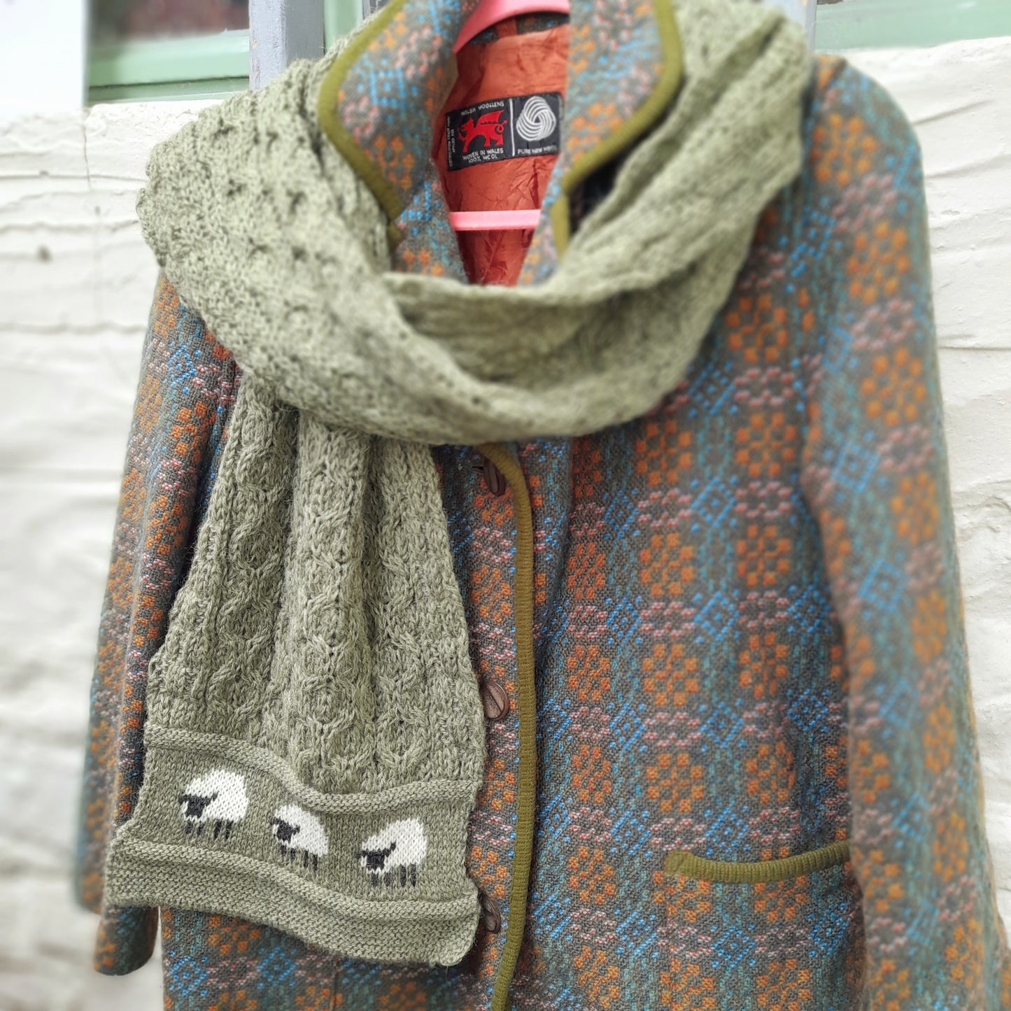 Hand Knitted Welsh Wool SHEEP Scarf in Khaki Green