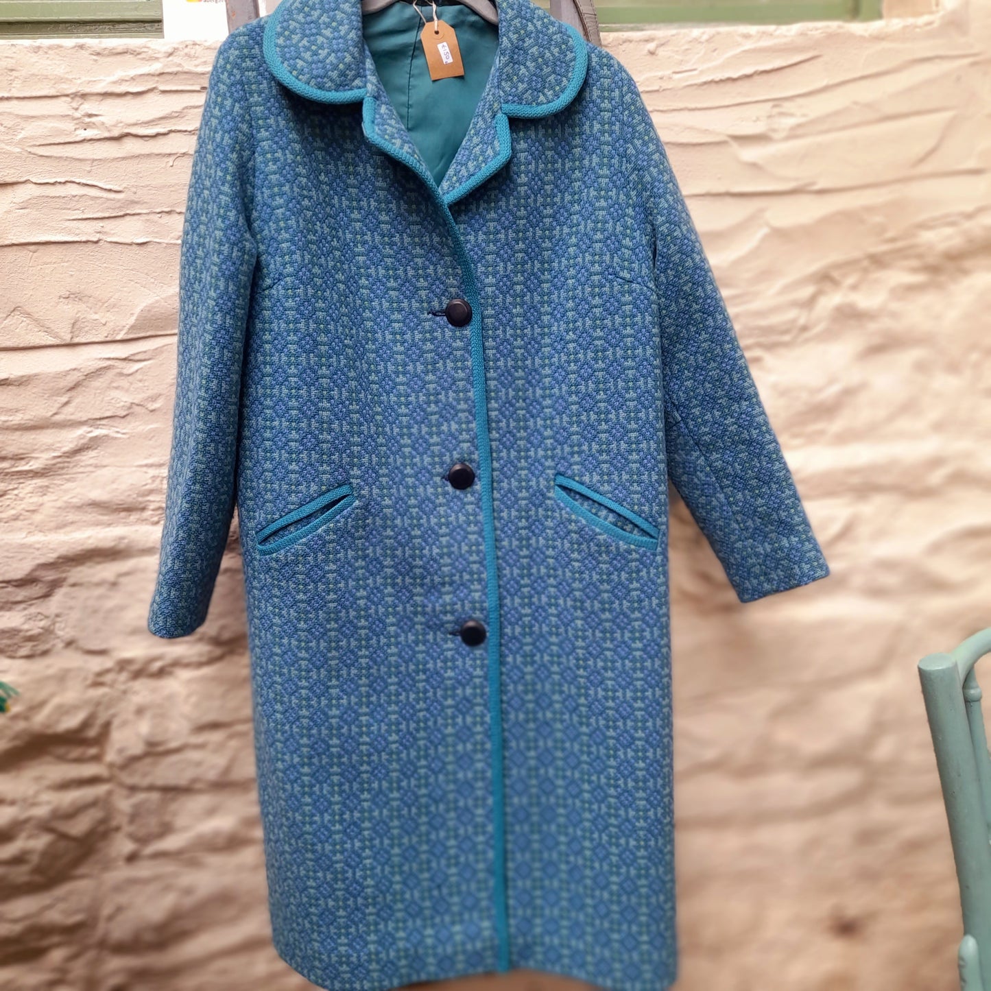 Vintage Welsh Tapestry Coat Rare Full Length in Pale Blue & Aqua Size 12/14