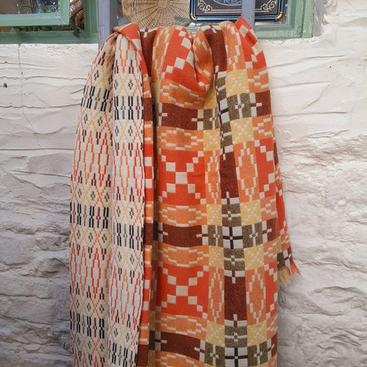 Vintage Welsh Tapestry Blanket in Orange Yellow Brown & Cream  Autumn Colours