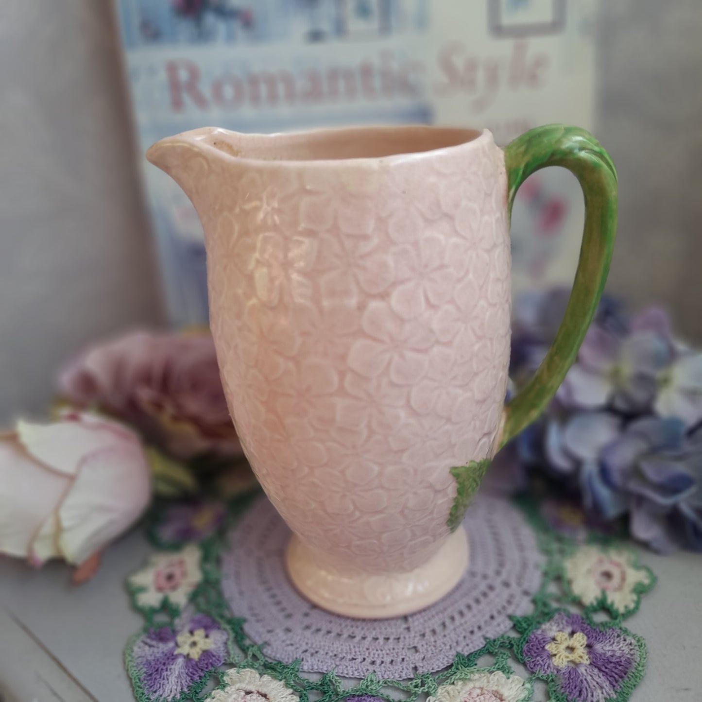 Art Deco Falcon Ware Pink Hydrangea Ceramic Jug Decorative Pitcher With Green Handle