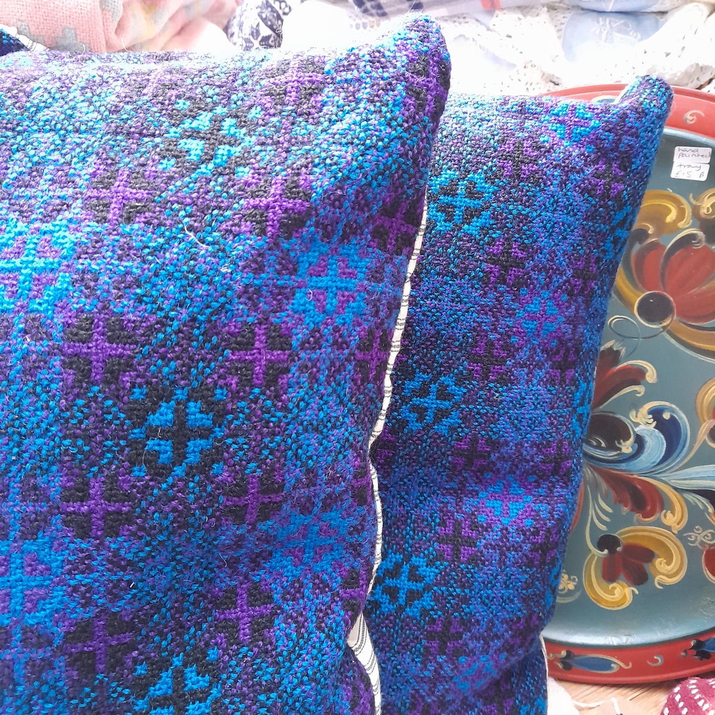 PAIR Handmade Cushions Made From Vintage Welsh Tapestry Fabric in Bright Blue, Purple & Black 18"