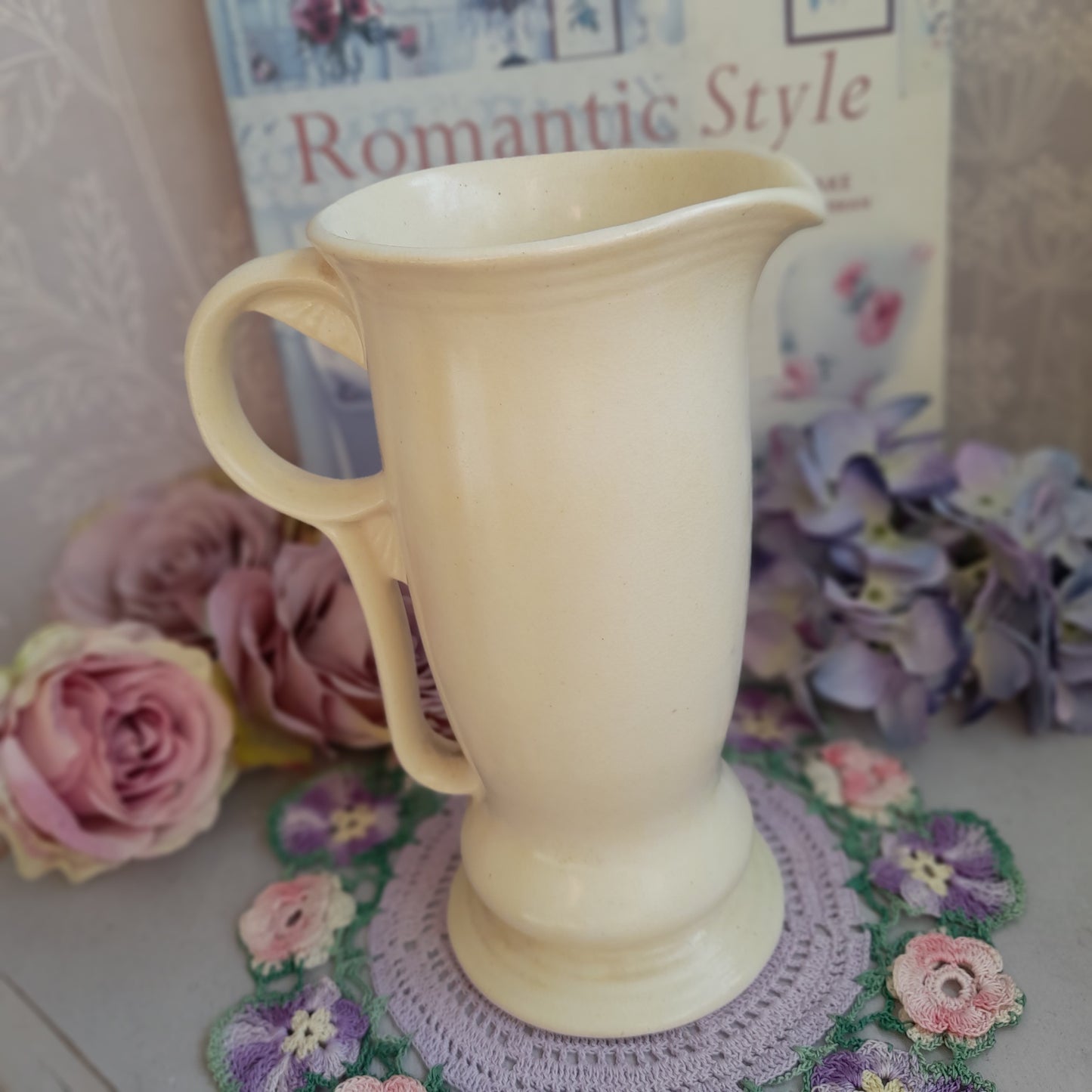 Vintage Art Deco Cream Ceramic Pitcher Vase, Elegant Footed Jug