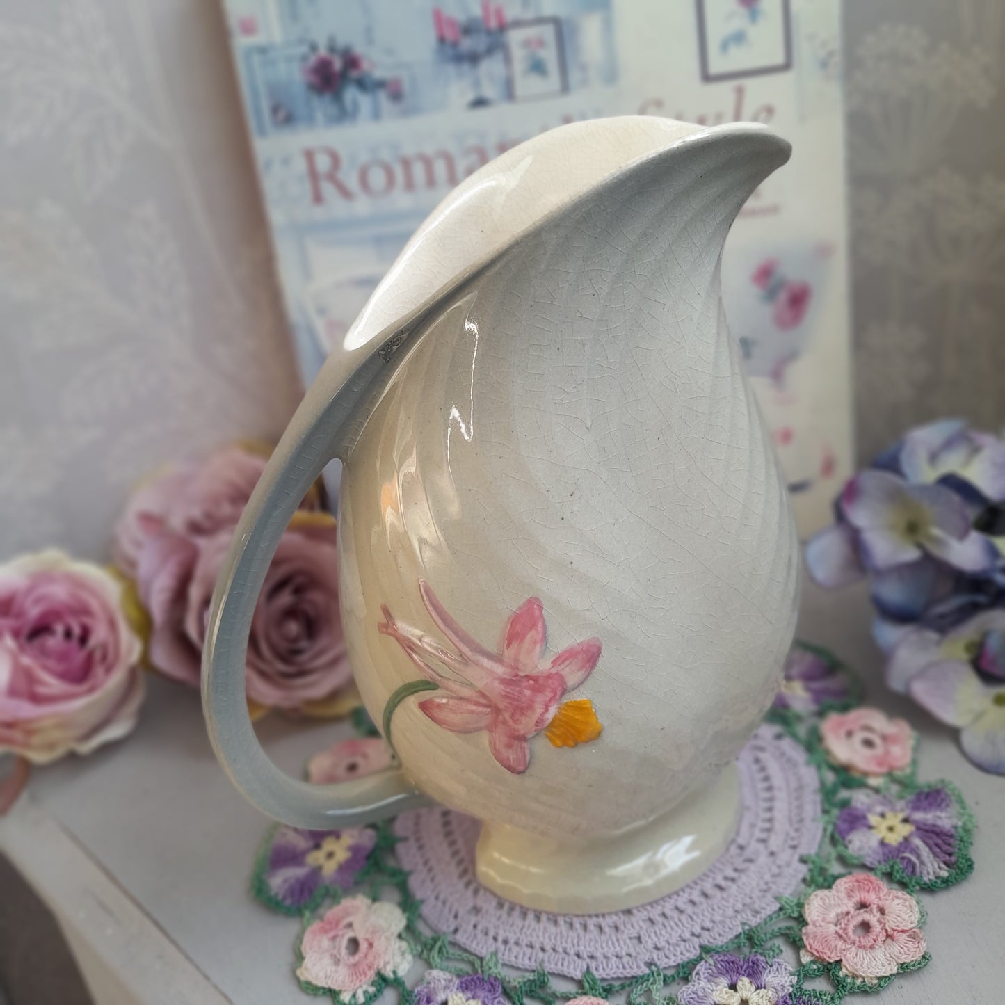 Vintage Grey Shorter & Son Art Deco Hand-Painted Floral Jug – Staffordshire Pottery, England (c. 1930s-1940s)