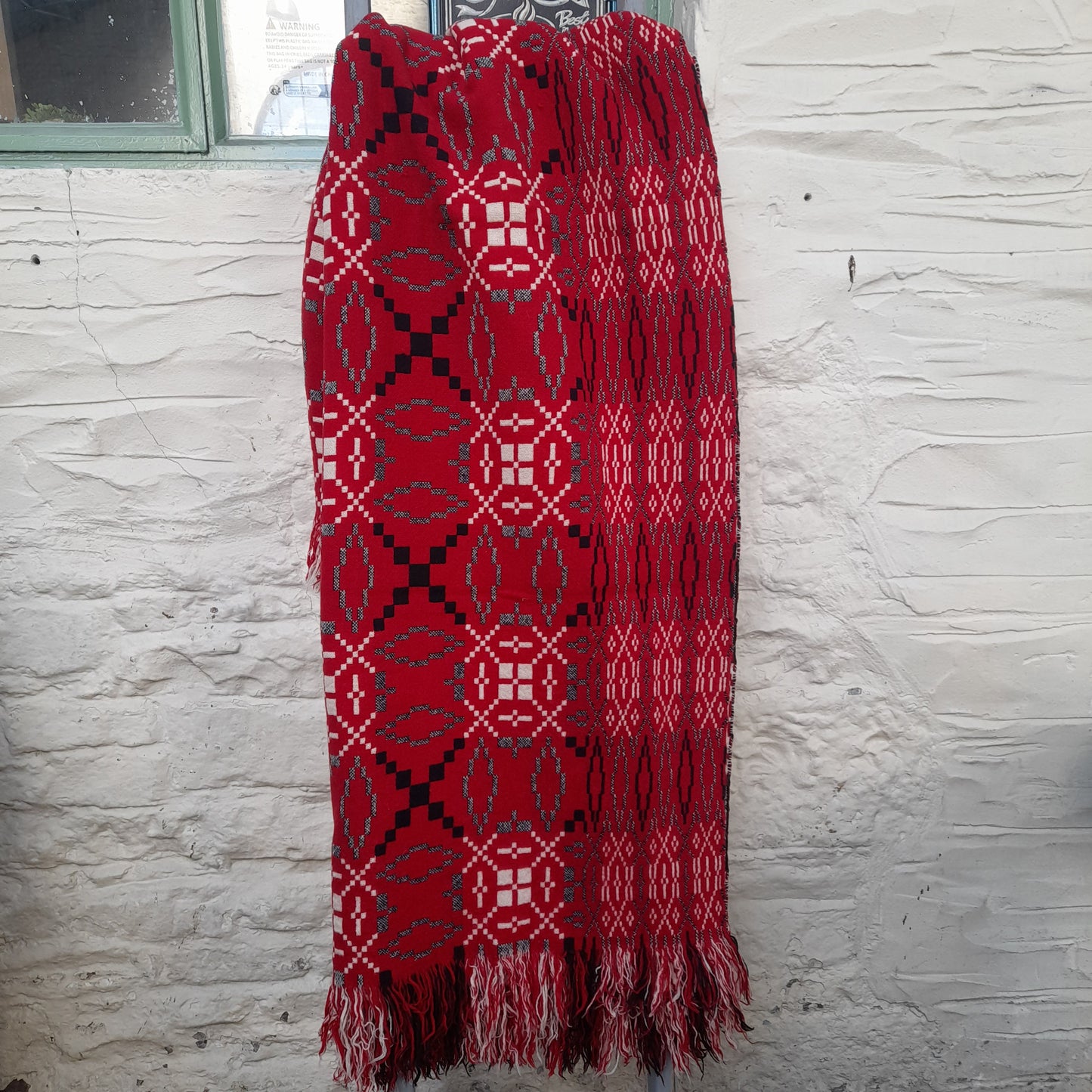 Vintage Welsh Tapestry Blanket in Red, Black & White King Size