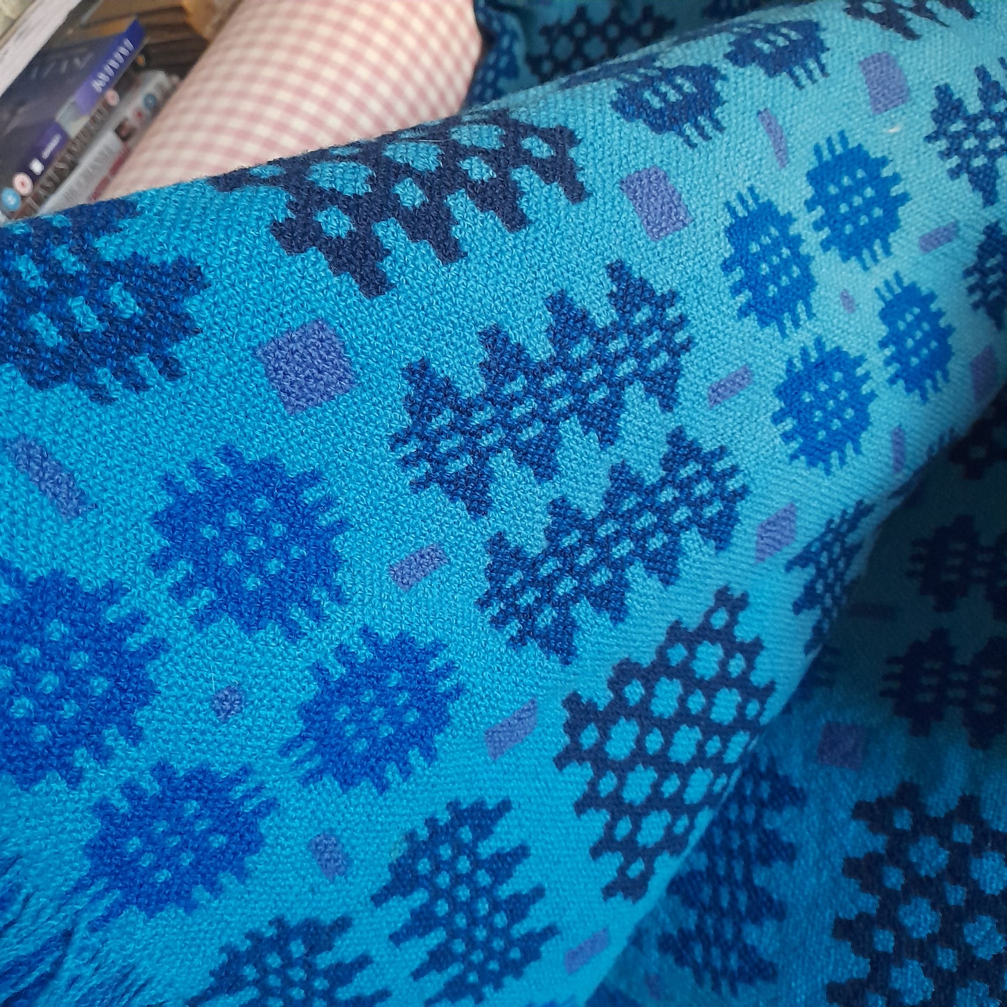 Vintage Welsh Tapestry Blanket in Vibrant Blues & A Pop of Purple