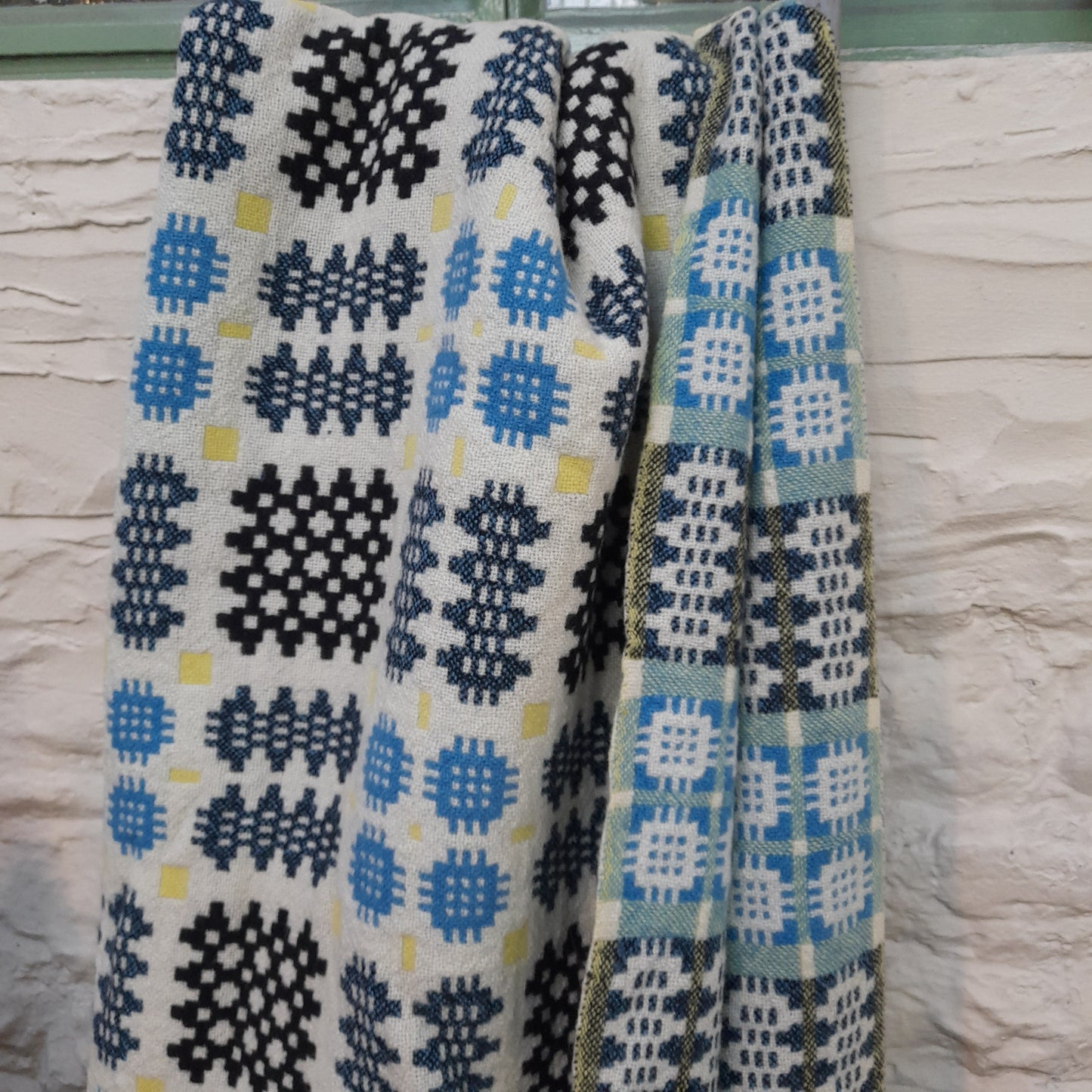 Vintage Welsh Tapestry Blanket in Cream, Sky Blue, Black & A Pop of Daffodil Yellow by Rhydybont Mill King Size