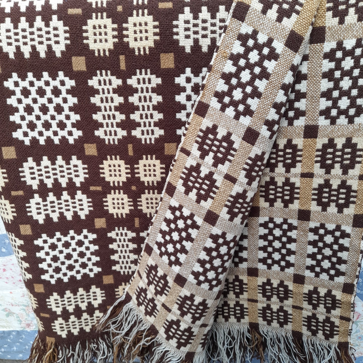 PAIR of Vintage Welsh Tapestry Blanket in Chocolate Brown & Cream