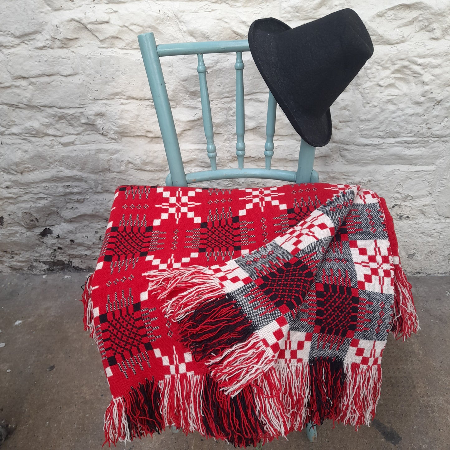 Vintage Welsh Tapestry Blanket in Red, Black & White by Cambrian Mills King Size
