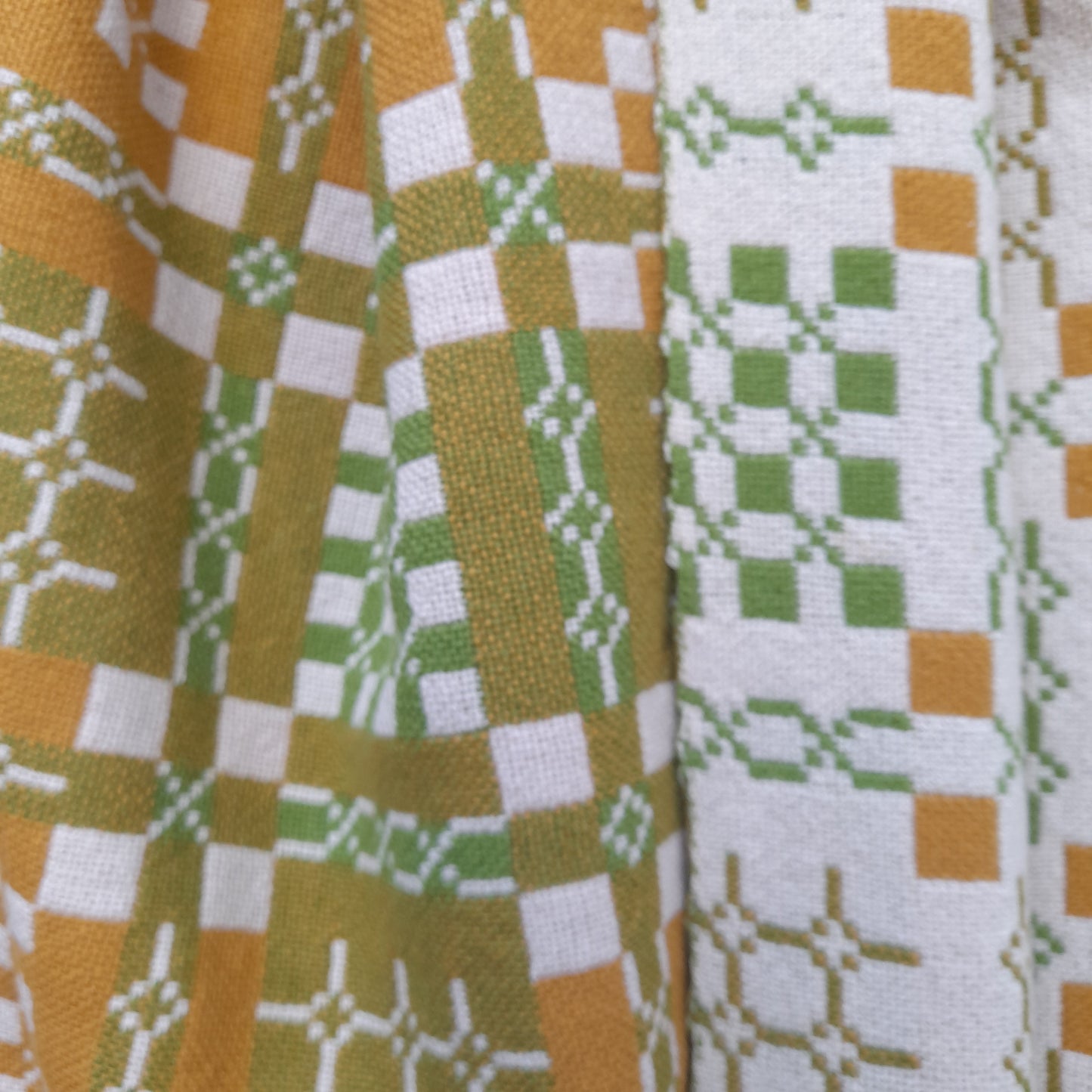 Vintage Welsh Tapestry Blanket in Mustard, Green & Cream by Elfed Woollen Mill King Size