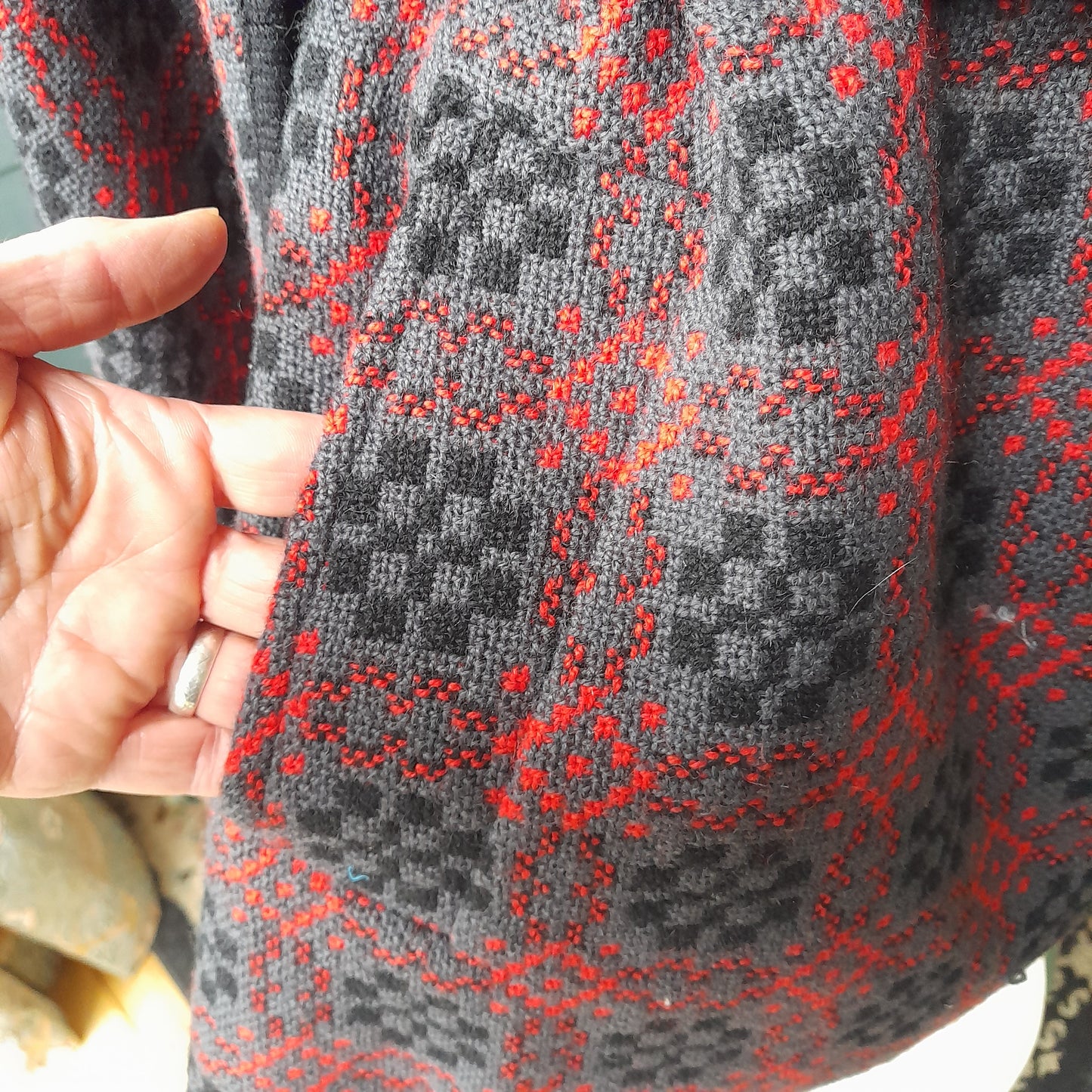 Vintage Welsh Tapestry Cape in Charcoal Grey Red & Black