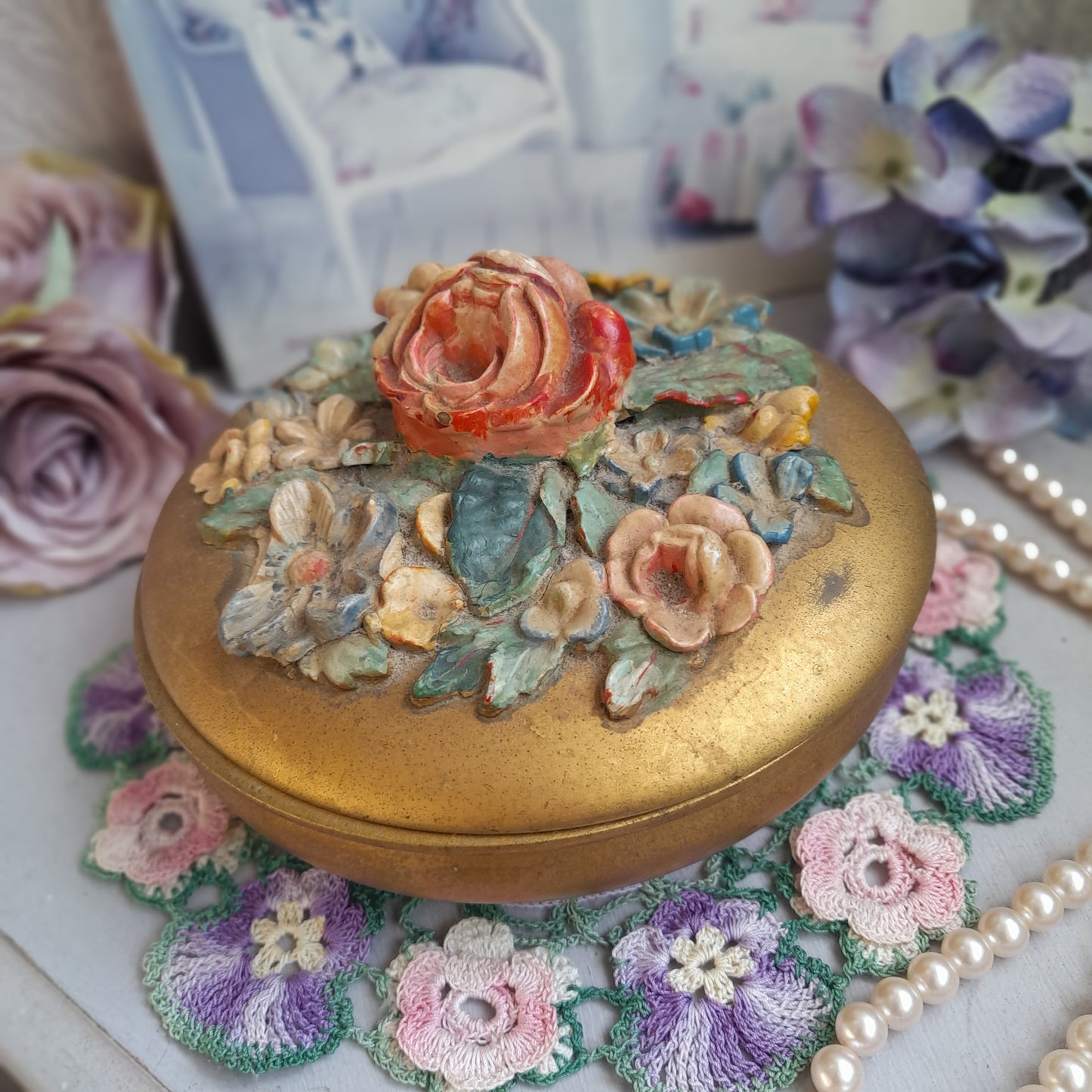 Vintage Barbola Round Gold Trinket Pot With Raised Flowers on Lid