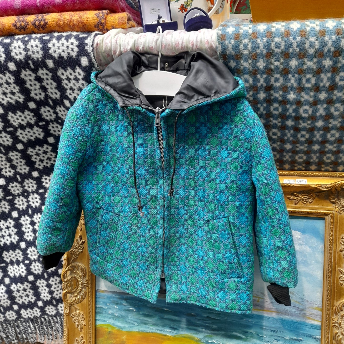 Vintage Child's Welsh Tapestry Coat With Hood in Teal Age 2/3 yrs