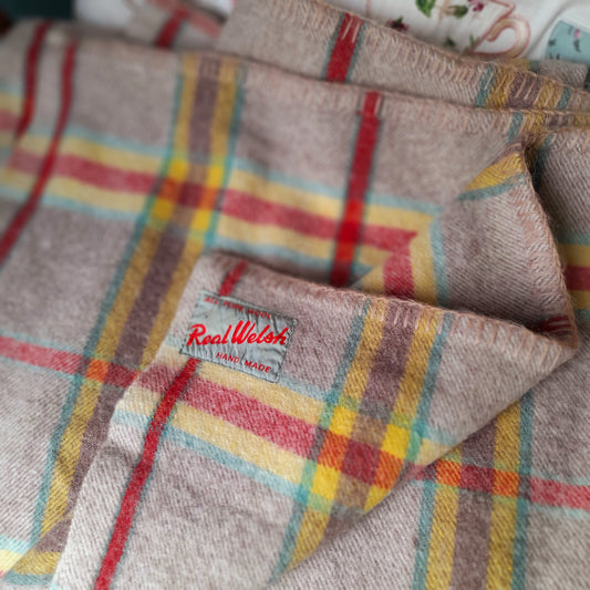 Vintage 1950s REAL WELSH Blanket in Taupe With Red, Yellow & Green Checks