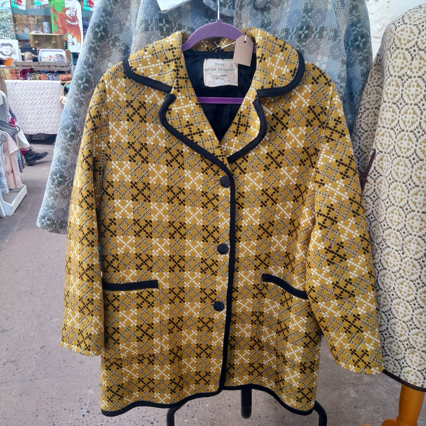 Vintage Welsh Tapestry Pea Coat in Mustard & Black Size 16/18