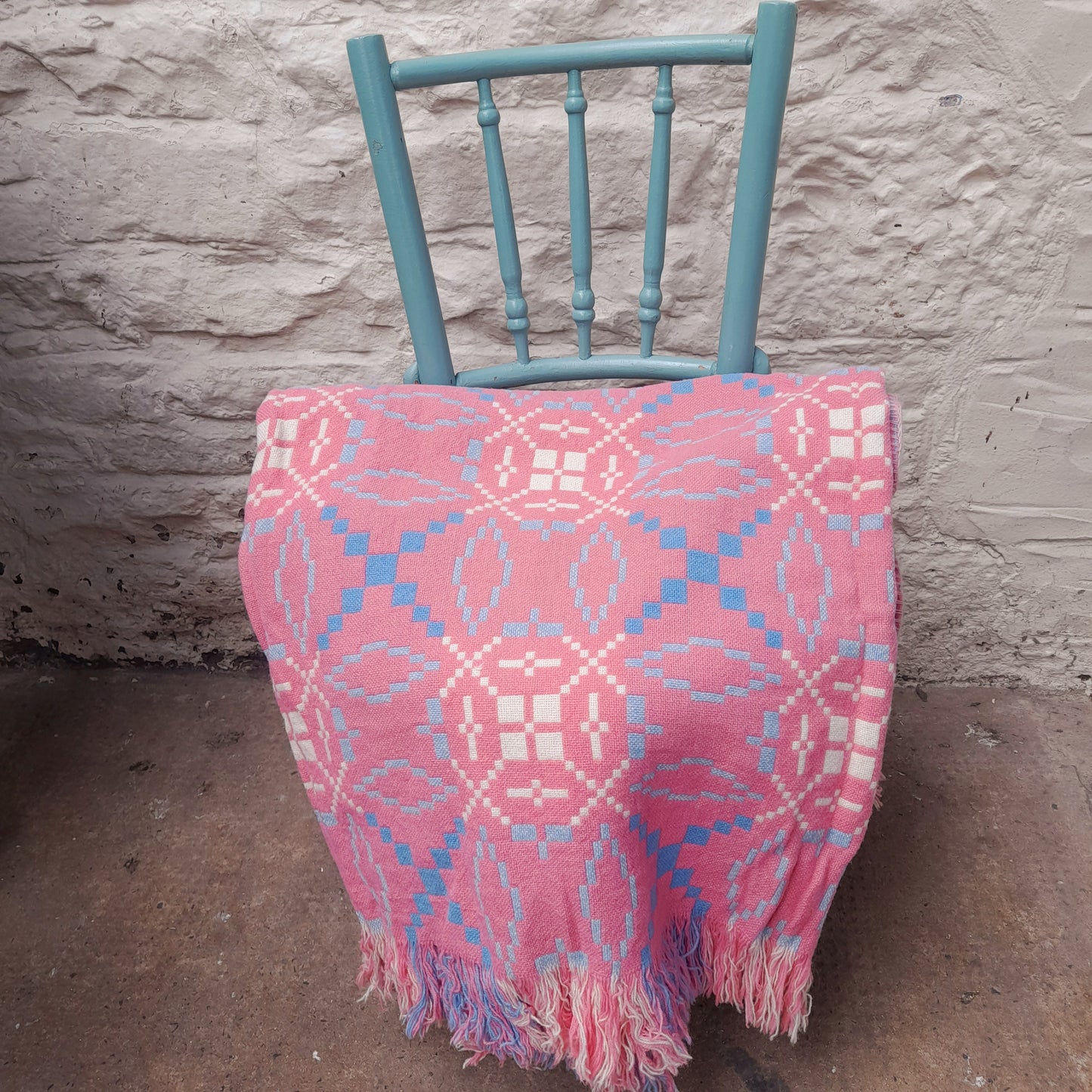 Vintage Welsh Tapestry Blanket in Baby Pink, Pale Blue & White
