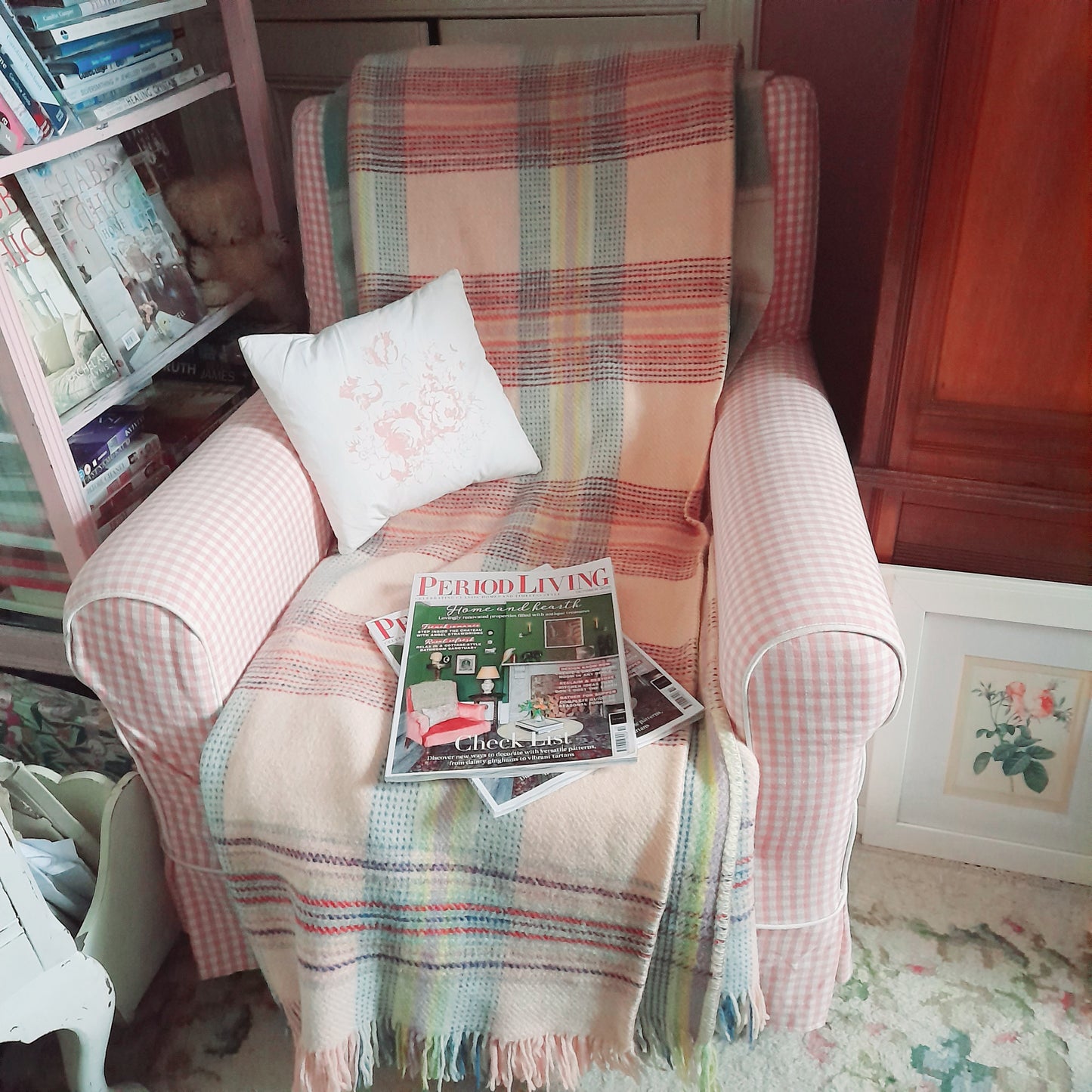 Vintage Welsh Blanket in Pretty Pastel Plaid Checks in Pink Lilac Blue & Pop of Red