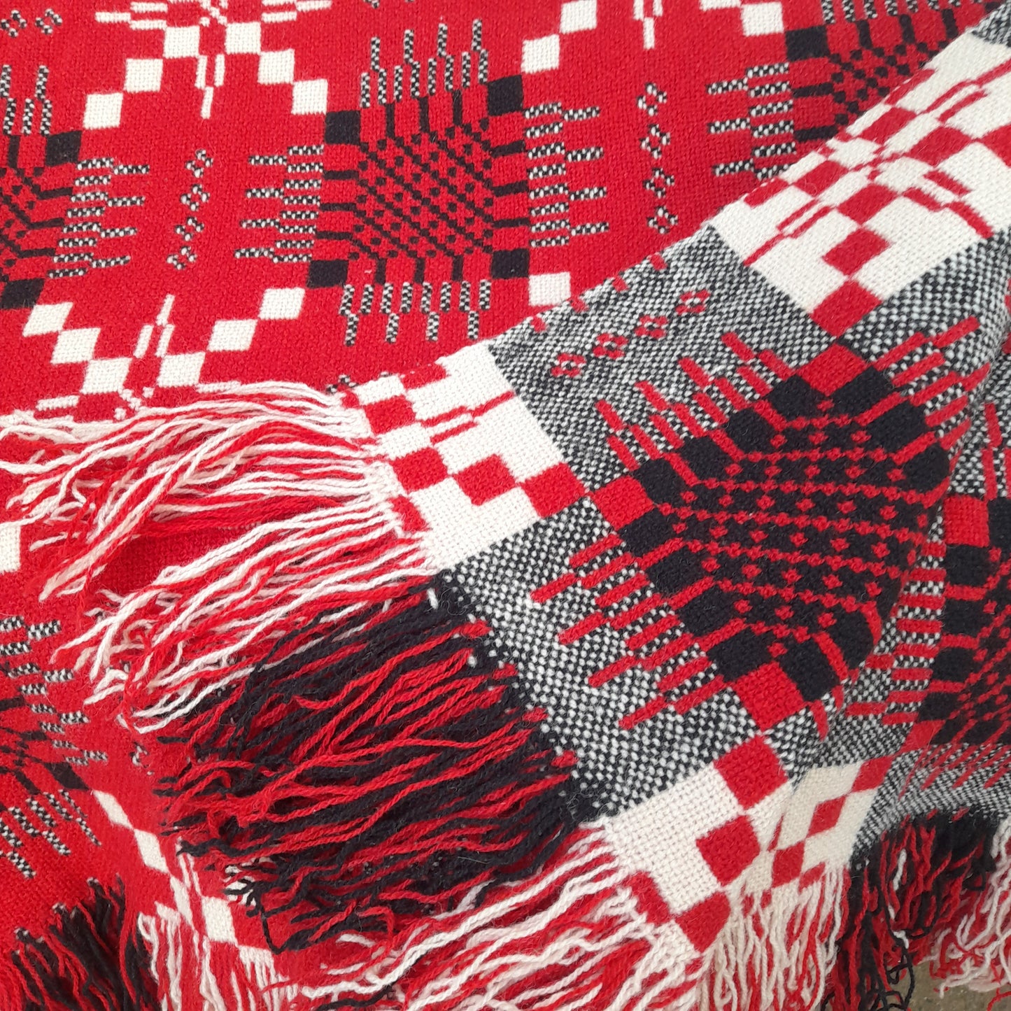Vintage Welsh Tapestry Blanket in Red, Black & White by Cambrian Mills King Size
