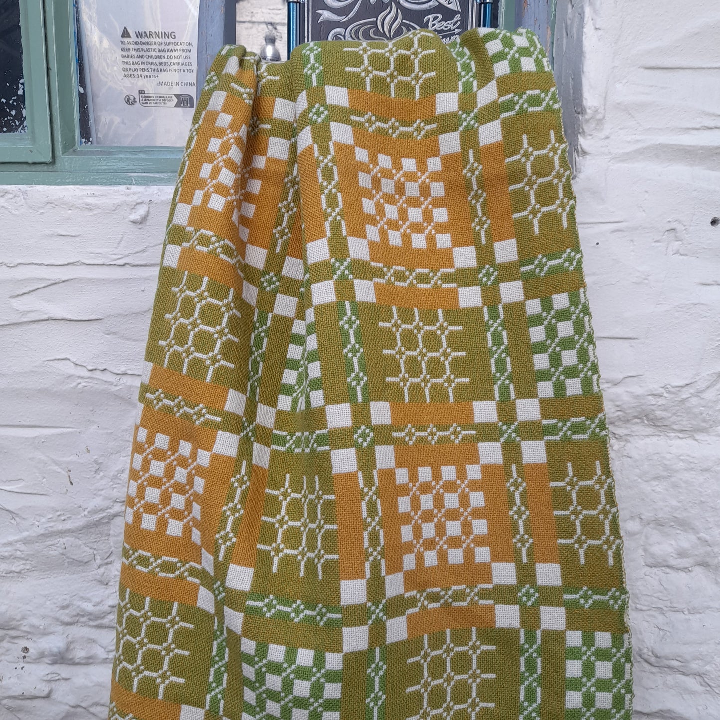 Vintage Welsh Tapestry Blanket in Mustard, Green & Cream by Elfed Woollen Mill King Size